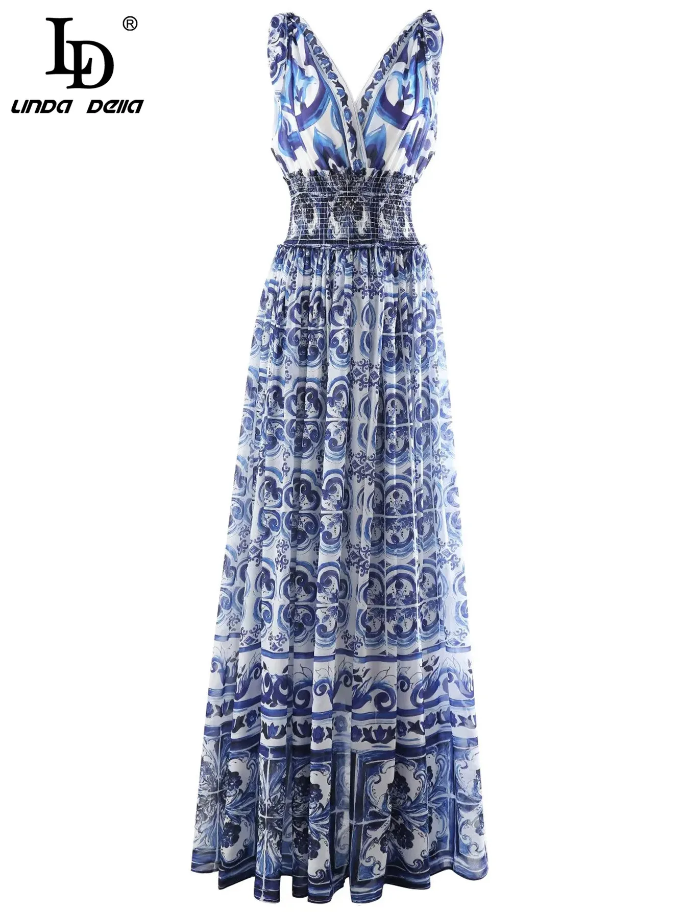 Imagem -06 - Linda Della 2023 Verão Pista de Férias Vestido Longo Feminino com Decote em v Cintura Elástica Azul e Branco Porcelana Impressão Maxi Vestidos ld