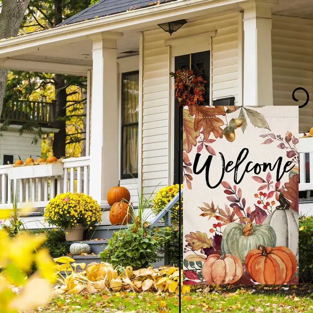 Fall Pumpkin Leaves Garden Flag 12x18 Vertical Double Sided Welcome Autumn Thanksgiving Holiday Outside Decorations Burlap Y jjp