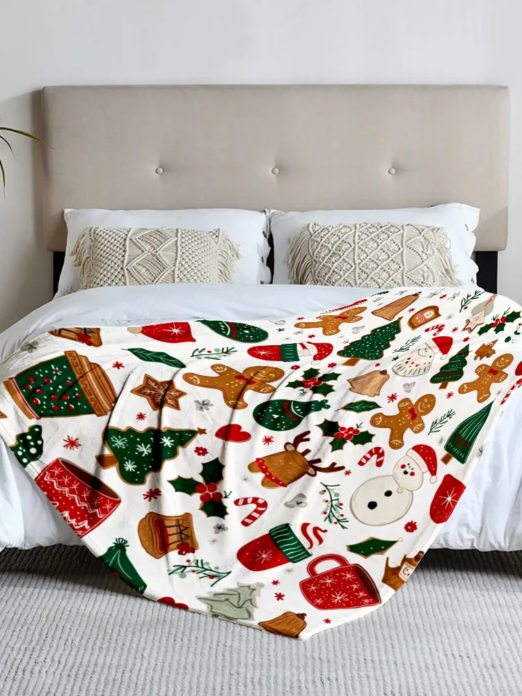 قطعة واحدة من بطانية الفانيلا بطابع عيد الميلاد مع خبز الزنجبيل ورجل الثلج والأشجار، مثالية للأريكة والسرير والمكتب. هدية مثالية لـ fam