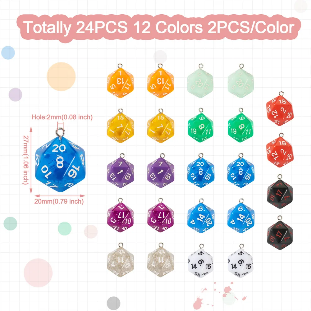 24pcs Dice Charms 20-Sided Polyhedral Dice Charms Geometric Number Pendants for DIY Earrings Necklaces Keychain Jewelry Making