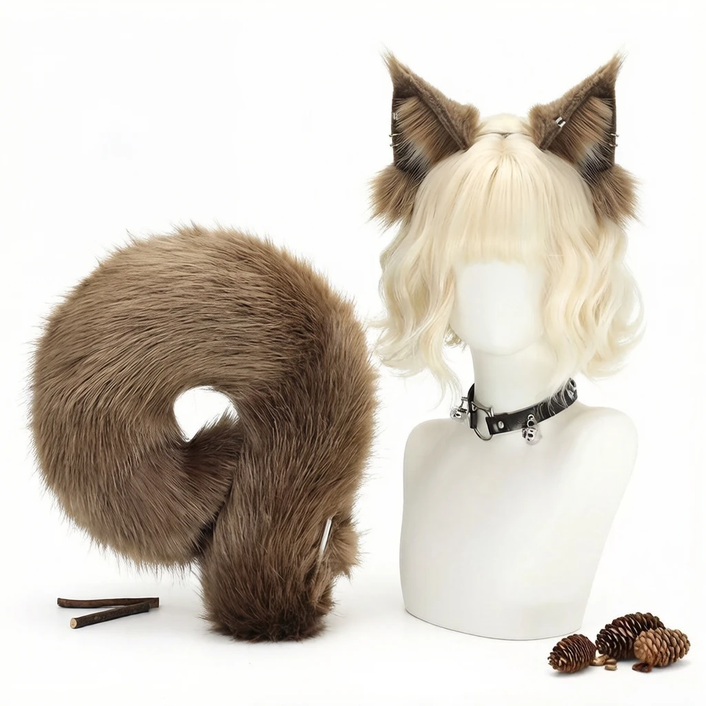

2Pc Cute plush squirrel ear headband with tail, animal cos prop, perfect for Halloween, comic con and costume parties