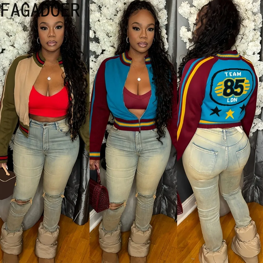 

FAGADOER Y2k Fashion Knitting Cardigan Coat Woman Letter Print Stripe Patchwork Crop Coat Female Streetwear Clothing 2025 New