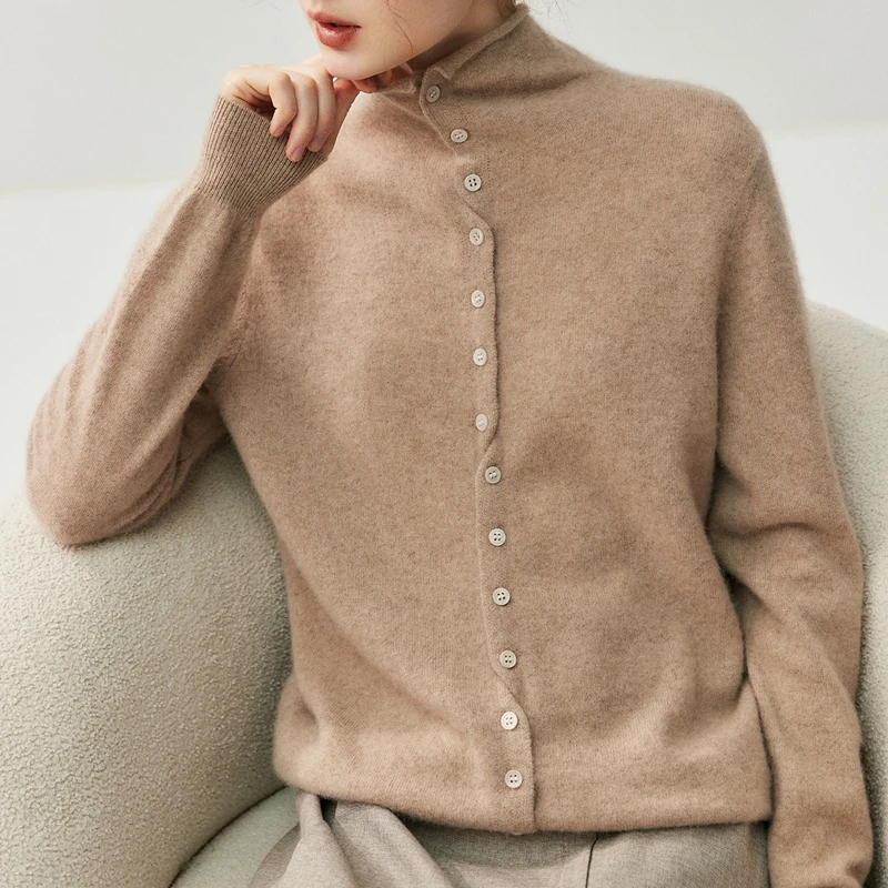 

Women Turtleneck Cardigan Autumn Winter Basic Sweater 100% Cashmere Knitwear Comfy Buttons Front and back two wear Cashmere Top