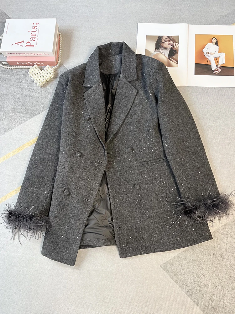 겨울 여성용 다운 수트 재킷 단색 라펠 패션 두꺼운 코트 신상 더블 브레스티드 루즈 출퇴근용 상의