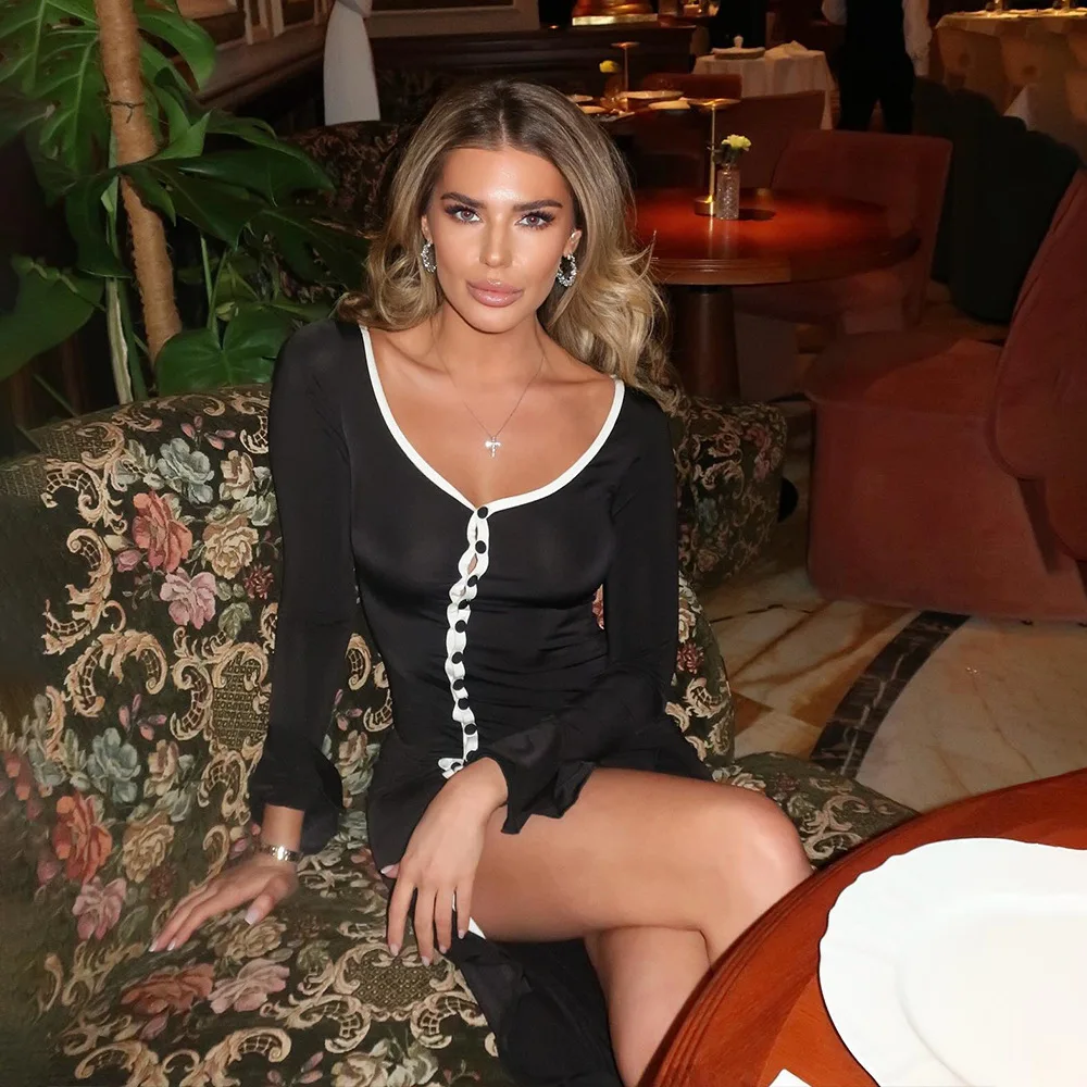 Sexy Dünnes Langes Kleid Frühling Sommer Einfarbig Modische Elegante Frau Kleidung Lange Ärmel V-ausschnitt Glocke Ärmeln Vestidos