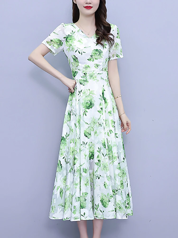 Robe longue d'été en mousseline de soie, motif floral vert, style boho, décontractée, vacances, plage, manches courtes, élégante, tambour, fête, soirée, 2024