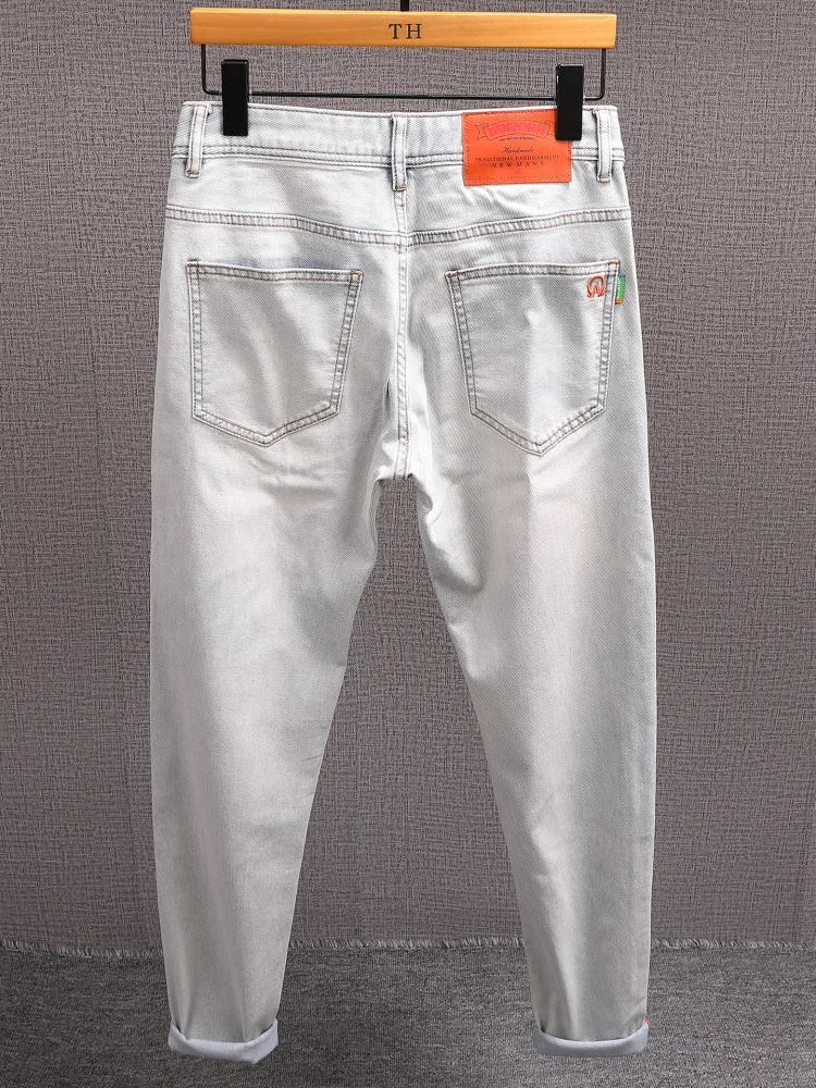 Sommer dünne Twill-Stretch-Jeans für Herren, bestickt, weich, klein, gerades Bein, Freizeithose
