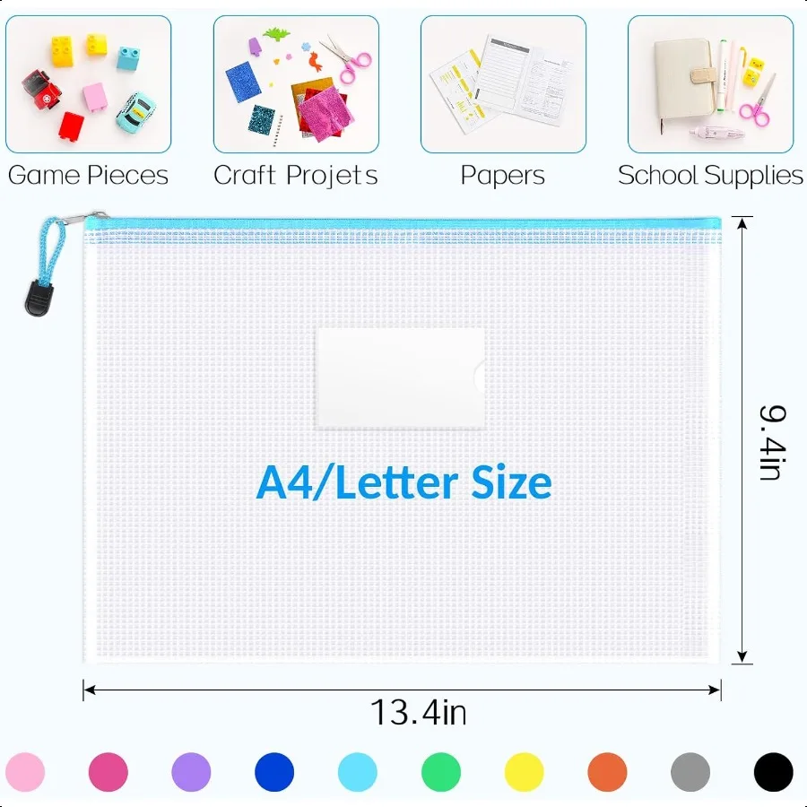 Confezione da 20 sacchetti in rete con cerniera Borse con cerniera formato lettera A4 con tasca per etichette Sacchetti impermeabili per lavagna dell'organizzazione dell'aula