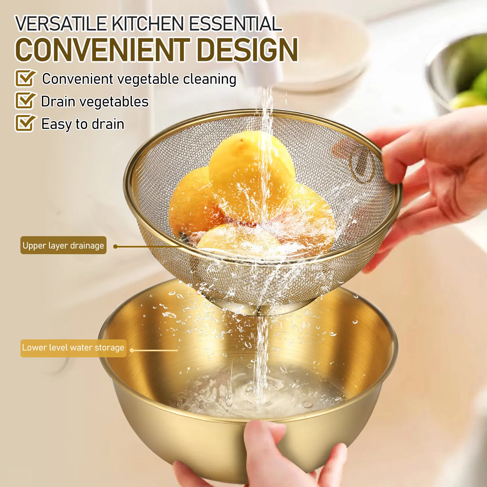 2Pcs Stainless Steel Mesh Strainer Basket Rice Rinse Bowl Washing Drain Basin Multi Functional Kitchen Colander Tool Set