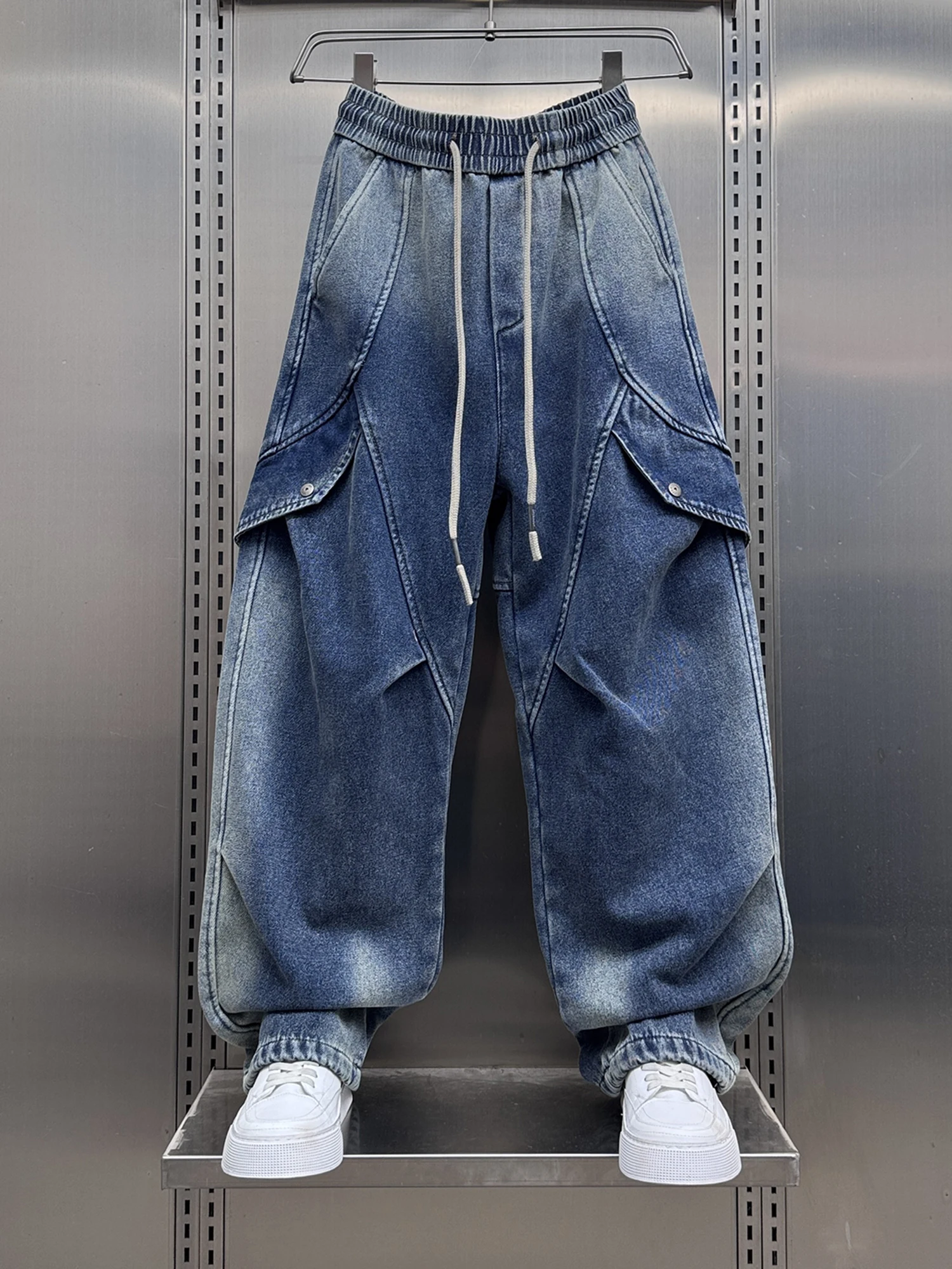 

American Sle Fce Lined Workwear Jeans Men's Loose Elastic Waist Wide Leg Long Pants Versatile Casual Trousers