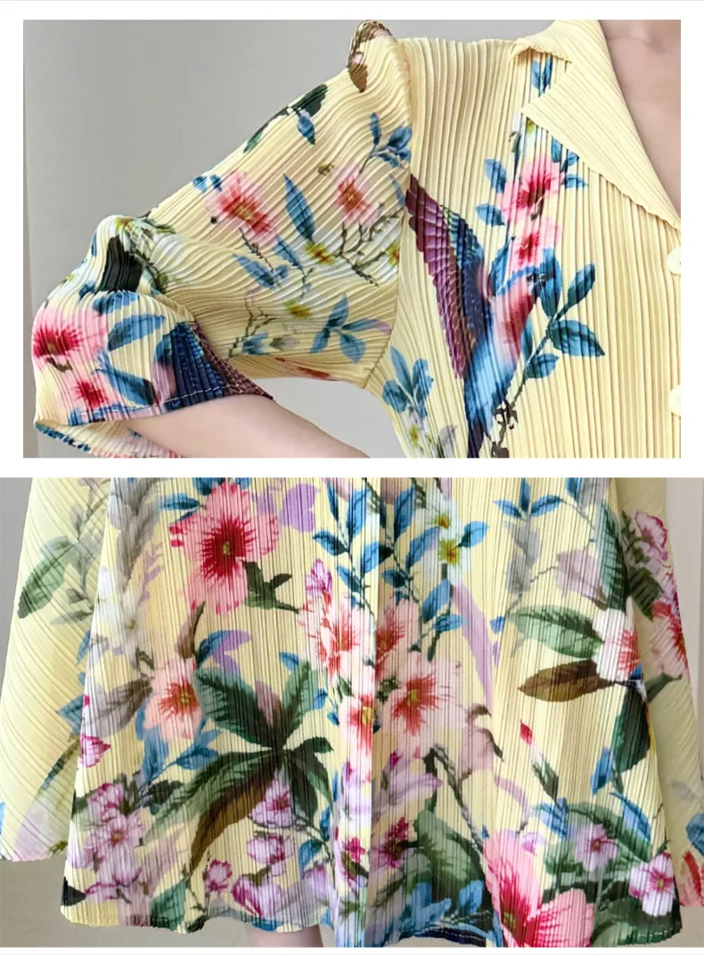Blumendruck Miyake Plissiertes Kleid mit Reverskragen, 3/4-Ärmeln und Knopfleiste, Midi-Länge, Leichtes Freizeitkleid für den Alltag, Stilvolles Damenkleid – Detail 4