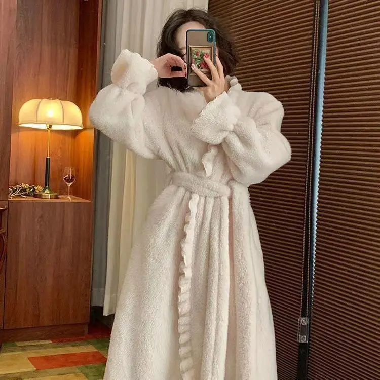 

New Robe Autumn Winter Flannel Nightgown Long Pajamas Warm Home Wear Coral Velvet Bathrobe for Women Clothing Dress Woman Offer