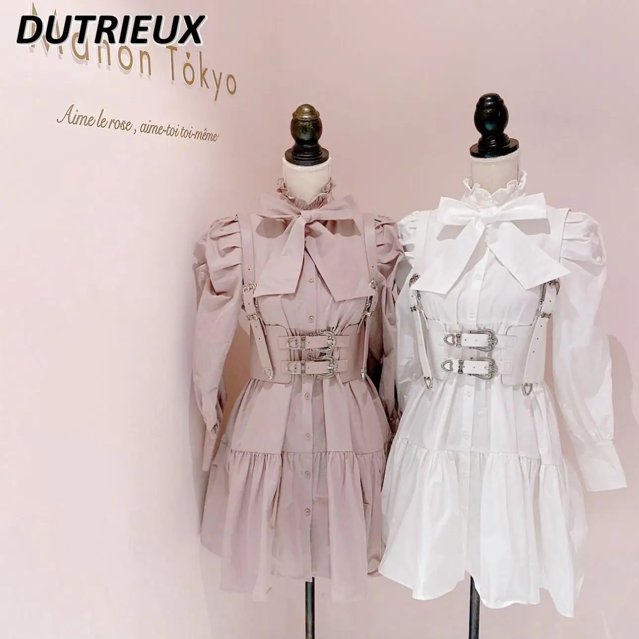 

Spring Autumn New Heavy Industry Retro Lolita Dress Big Bow Leather Belt Decorative Bottom Casual Long Sleeve Dresses for Women