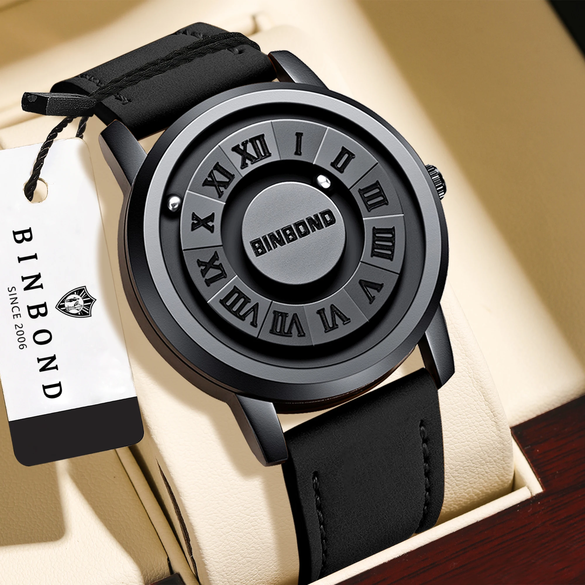 BINBOND Orginal Magnetic Force Bead Men's Precise Quartz Watch Waterproof Watches For Men Luxury Durable Leather Strap Reloj