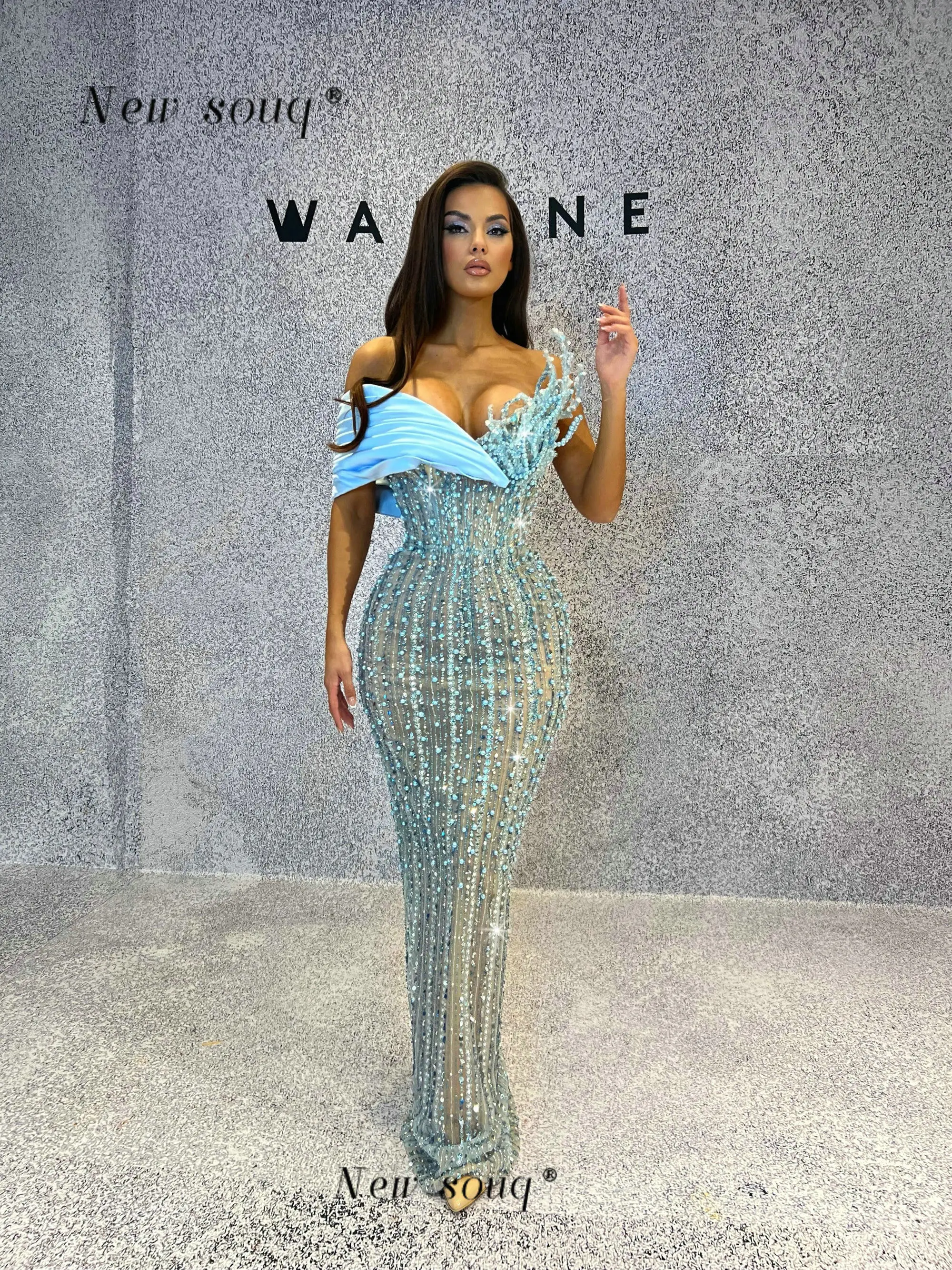 베이비 블루 원 숄더 이브닝 드레스 비즈, 스팽글, 미러 크리스탈로 장식된 여성용 파티 가운