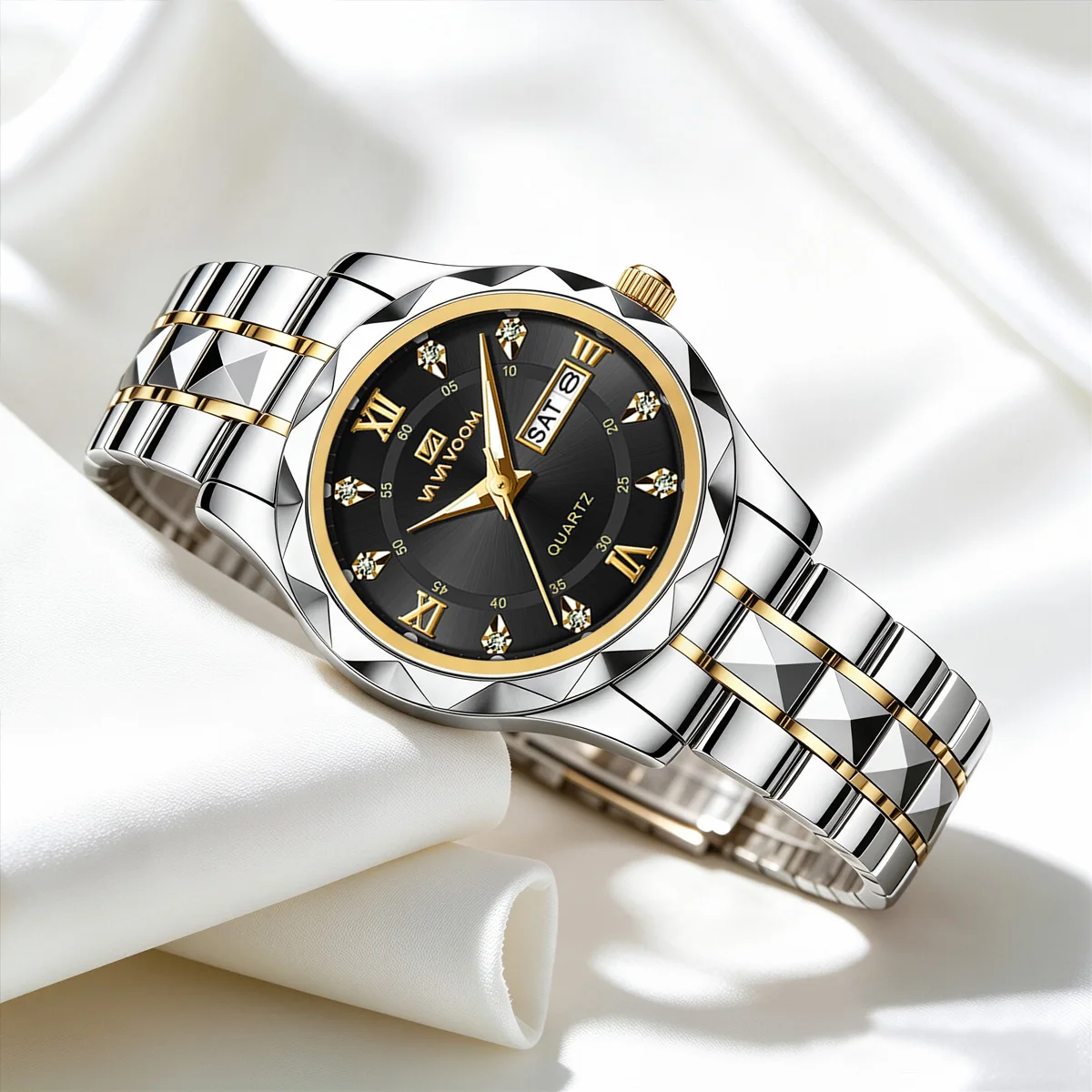 Women Watch Luxury Fashion Quartz Movement 28mm Case 3Bar Waterproof Rivet Stainless Steel Luminous CalendarLadies Jewelry Watch