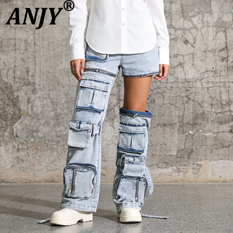 ANJY Spring Autumn New Women Niche Design Deconstructed Zipper Detachable Slim Straight Jeans Tide Ins Multi-Pocket Pants A21458