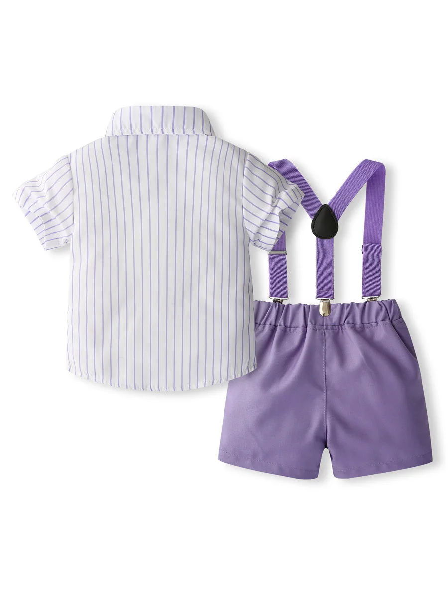 Summer Boys Clothes Set Gentle Outfits Short Sleeve Striped T-shirt with Bow Purple Shorts With Suspender Kids Clothing