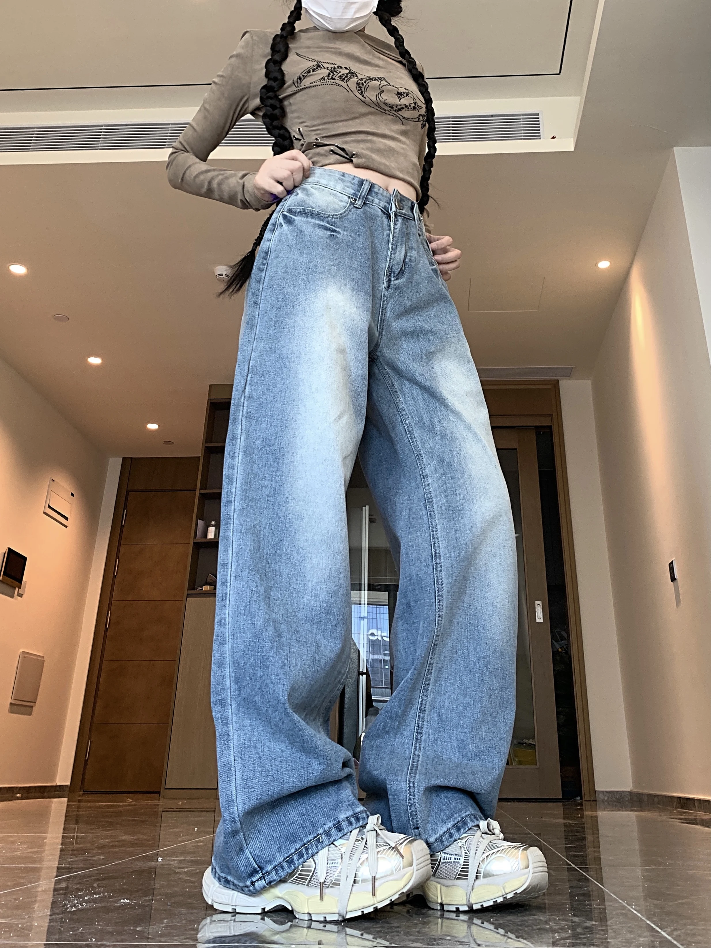 Primavera nova rua retro americana lavada jeans retos calças de perna larga feminina