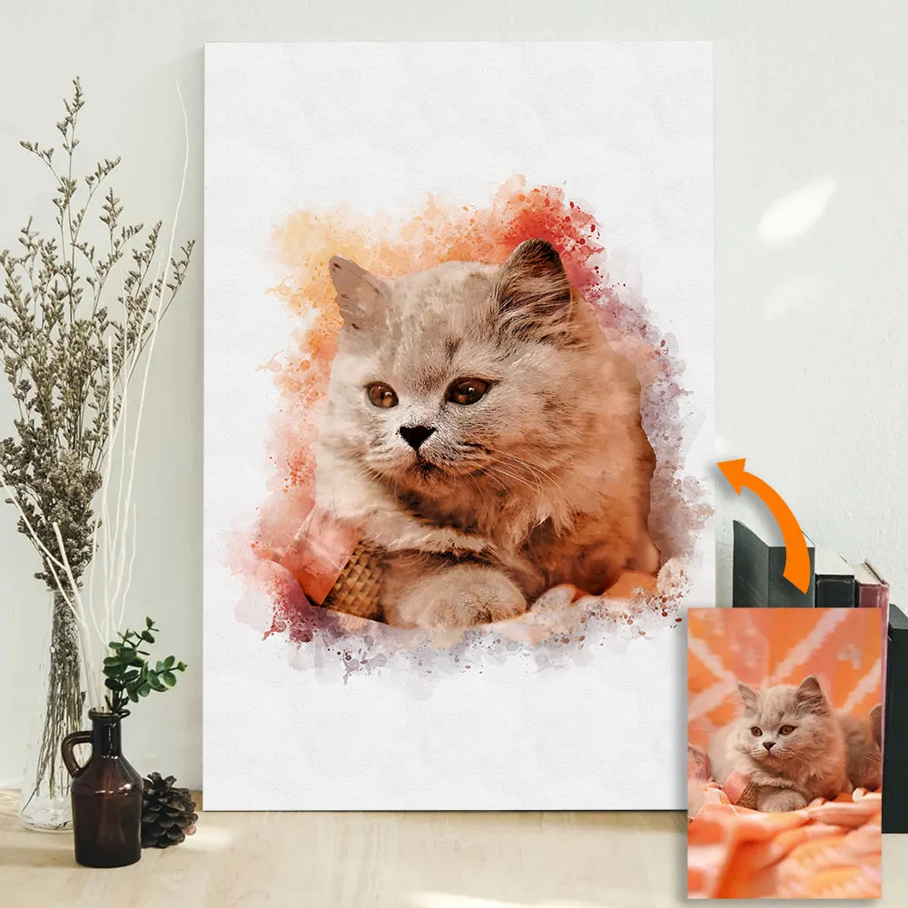 Custom Pet Portrait from Photo - Personalized Cat Dog Memorial Canvas Print - Watercolor Style Rainbow Bridge Wall Art Gift view 2