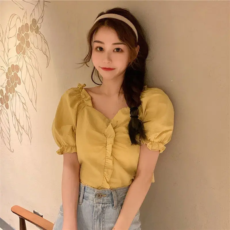 Solid Color Puff Short-sleeved Shirt for Women Niche Collarbone T-shirt for Women Street Top