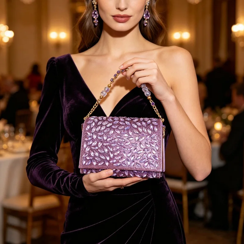 2026 New High-end Celebrity Dinner Bag Women's Light Luxury Purple Diamond Chain Bag Party Wedding Handbag