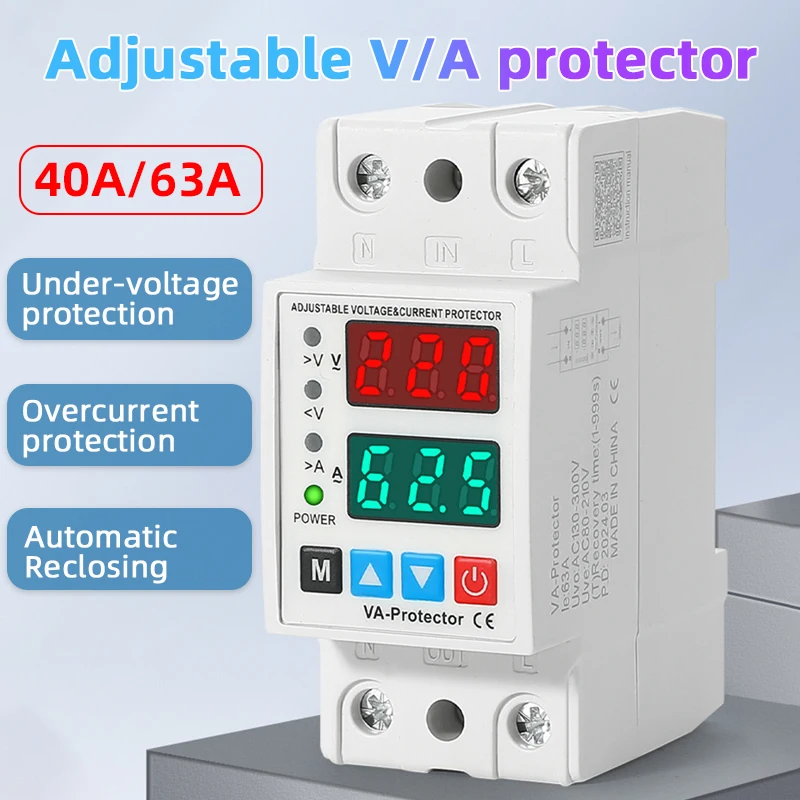 

40A/63A 230V Din-рейка Регулируемое реле защиты от перенапряжения и пониженного напряжения с защитой от перегрузки по току