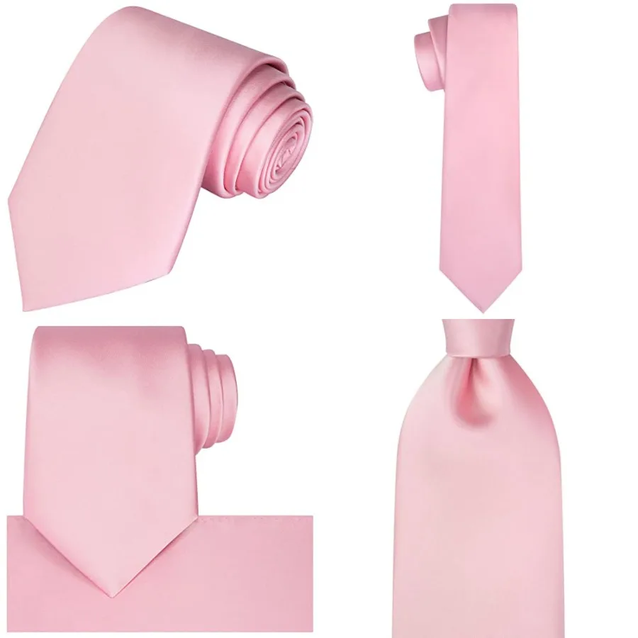 

Satin Tie Set Solid Ties Mens Necktie + Pocket Square, Pink