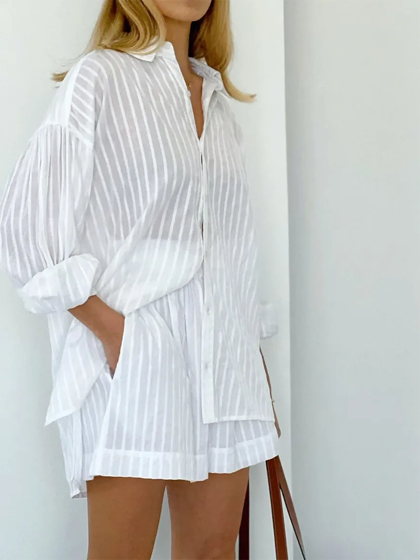 Cotton Fashion Versatile Casual Set 2024 Summer New Stripe Small Stand Solid Color Thin Long sleeved Shorts for Women