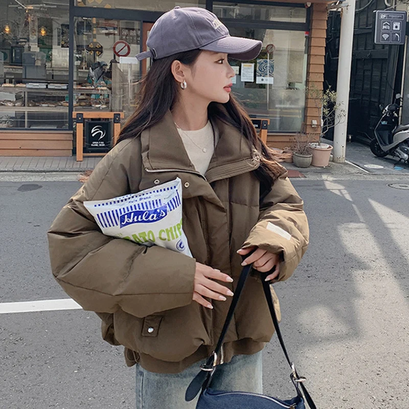 Giacca invernale imbottita in cotone Donna Coreano Streetwear Parka in cotone con risvolto versatile 2025 Cappotto in cotone con zip a maniche lunghe allentato chic
