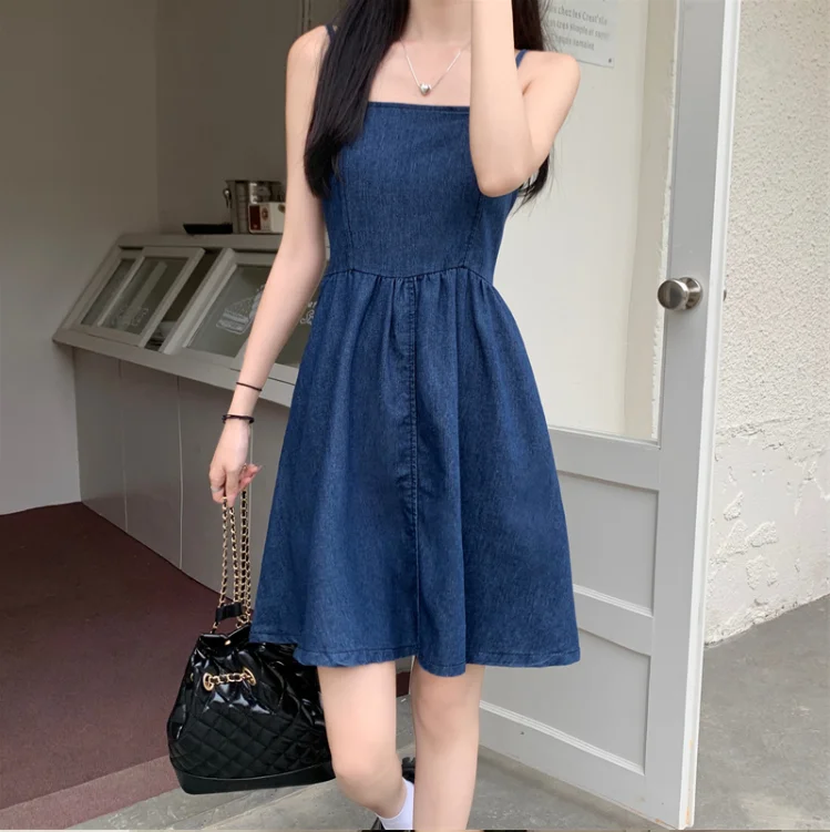 

Women's Solid Summer Slash Neck Pullover Denim Suspender Sleeveless Fashion Casual Elegant Office Lady Vintage Mini Dress