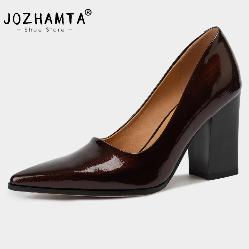 JOZHAMTA Women Pumps Classic Genuine Leather Chunky High Heels Shoes Sexy Pointy Toe Vintage Office Lady Daily Dress Size 34-39