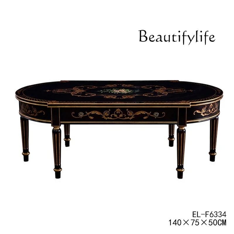 European-Style Country Luxury Hand-Painted Tulip Solid Wood Black Ribbon Drawer Egg-Shaped Tea Table