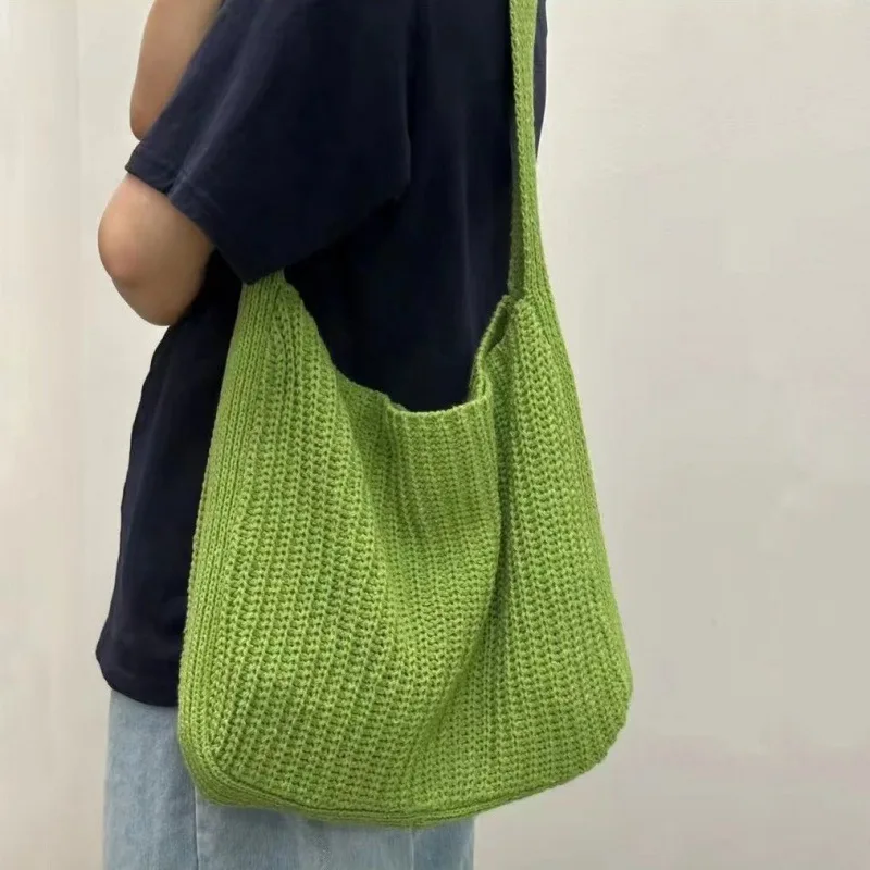 Women Knitting Shoulder Bag Korean Versatile Commuter Shopping Bag Solid Color Large Capacity Crossbody Casual Tote Bag