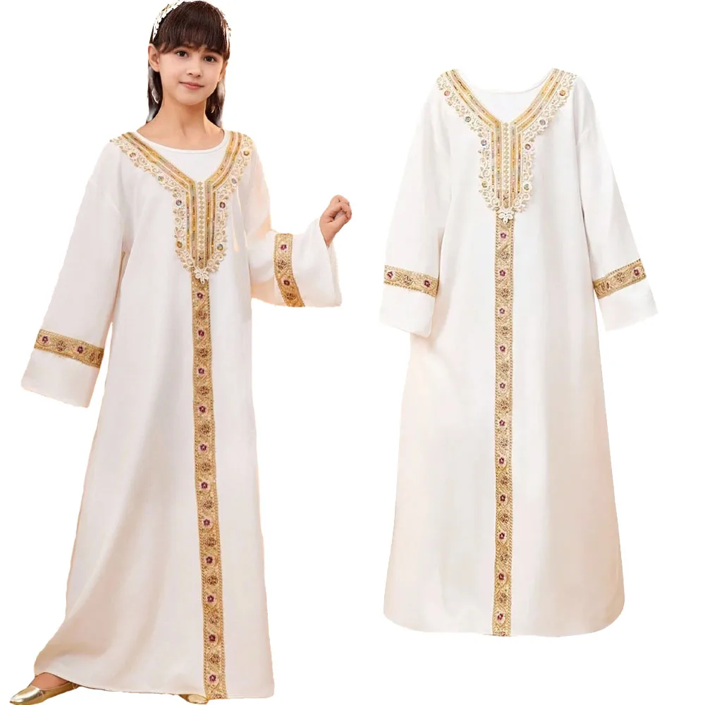 Middle Eastern Maxi Dress Robe Girl Abaya Modest Dresses Abayas Kaftan Ramadan Eid Prayer Clothes Gold Embroidery Festival Gown