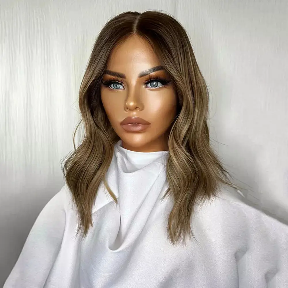 14 Inches Ombre Caramel Brown 13x4 Synthetic Lace Front Wigs for Women Short Natural Wavy Hair Lace Frontal Wig Daily Party Use