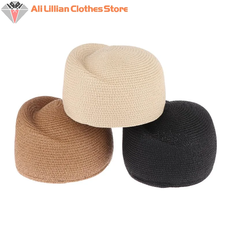 Stroh Baskenmütze Hut Sommer Sonne Kappe Damen Einfarbig Hostess Pillbox Hut Für Frauen Retro Vielseitig Casual Maler Hut