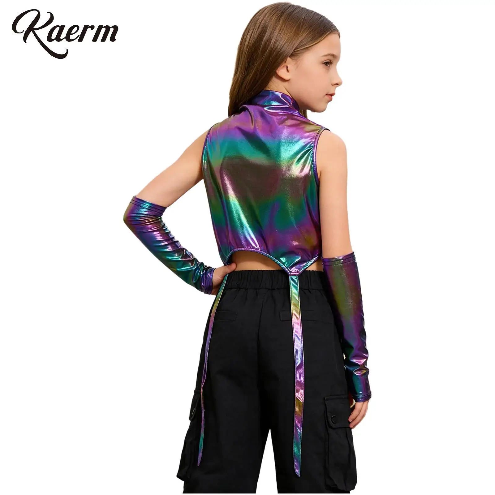 

Kid Girls Shiny Metallic Crop Tank Top Rhinestone Hip-Hop Jazz Dance Top Crew Neck Sleeveless Letter Print Vest Street Dancewe