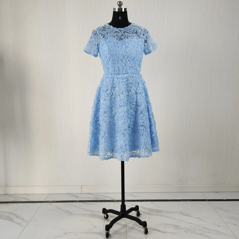 

Real Photo Customized Evening Dress Sky Blue Rose Tulle O-neck Short Sleeve A-line Knee-length Plus size Woman Party FOrmal Gown