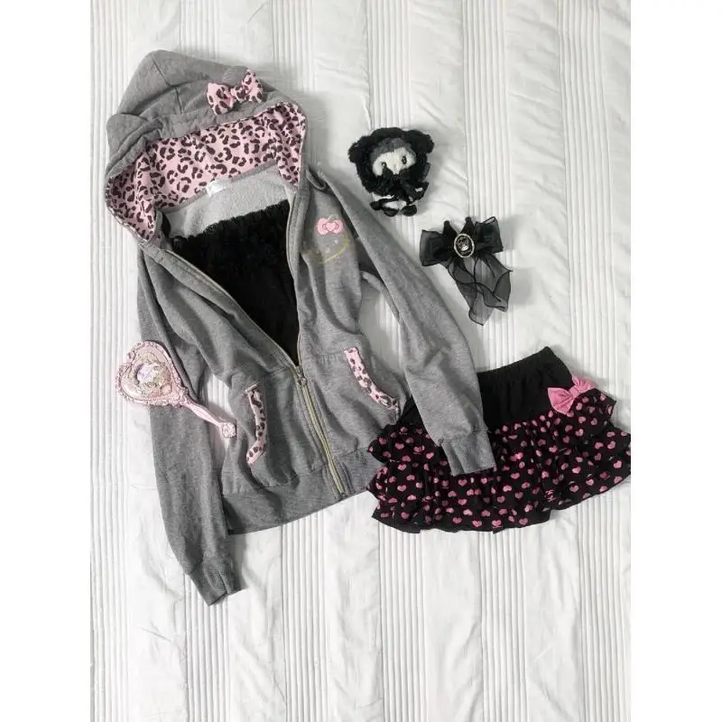 Sanrio Hello Kitty - Abrigo para mujer, sudadera con capucha, suéter, forro polar, estilo japonés informal, gris, rosa