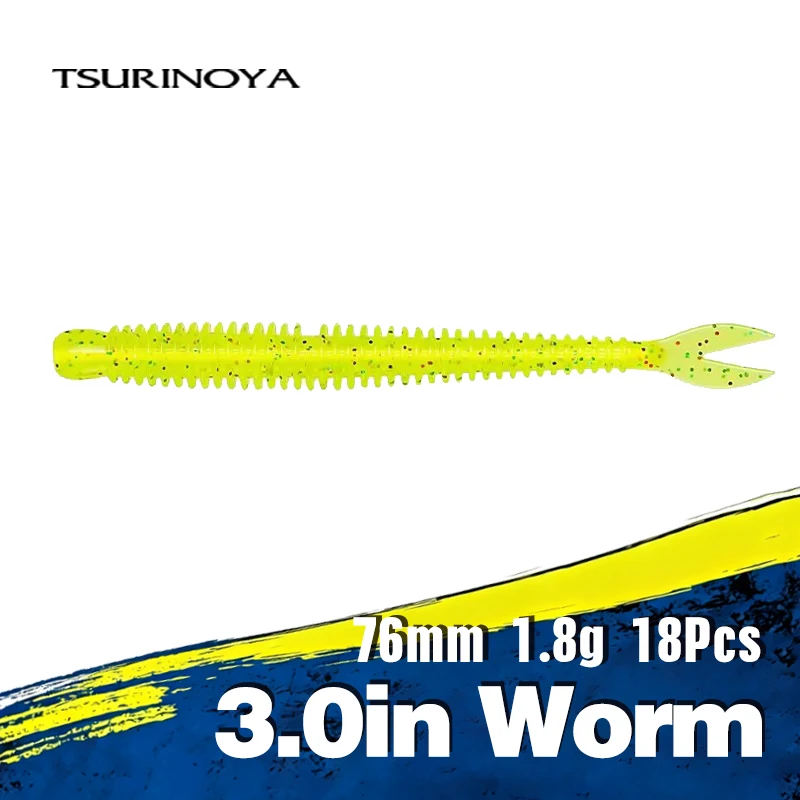 TSURINOYA Forked Fin Tail Finesse Fishing Bait FLAME 76mm 1.8g 18pcs Bass Fishing Worm Soft Fishing Lure Wacky Texas Rig Grub