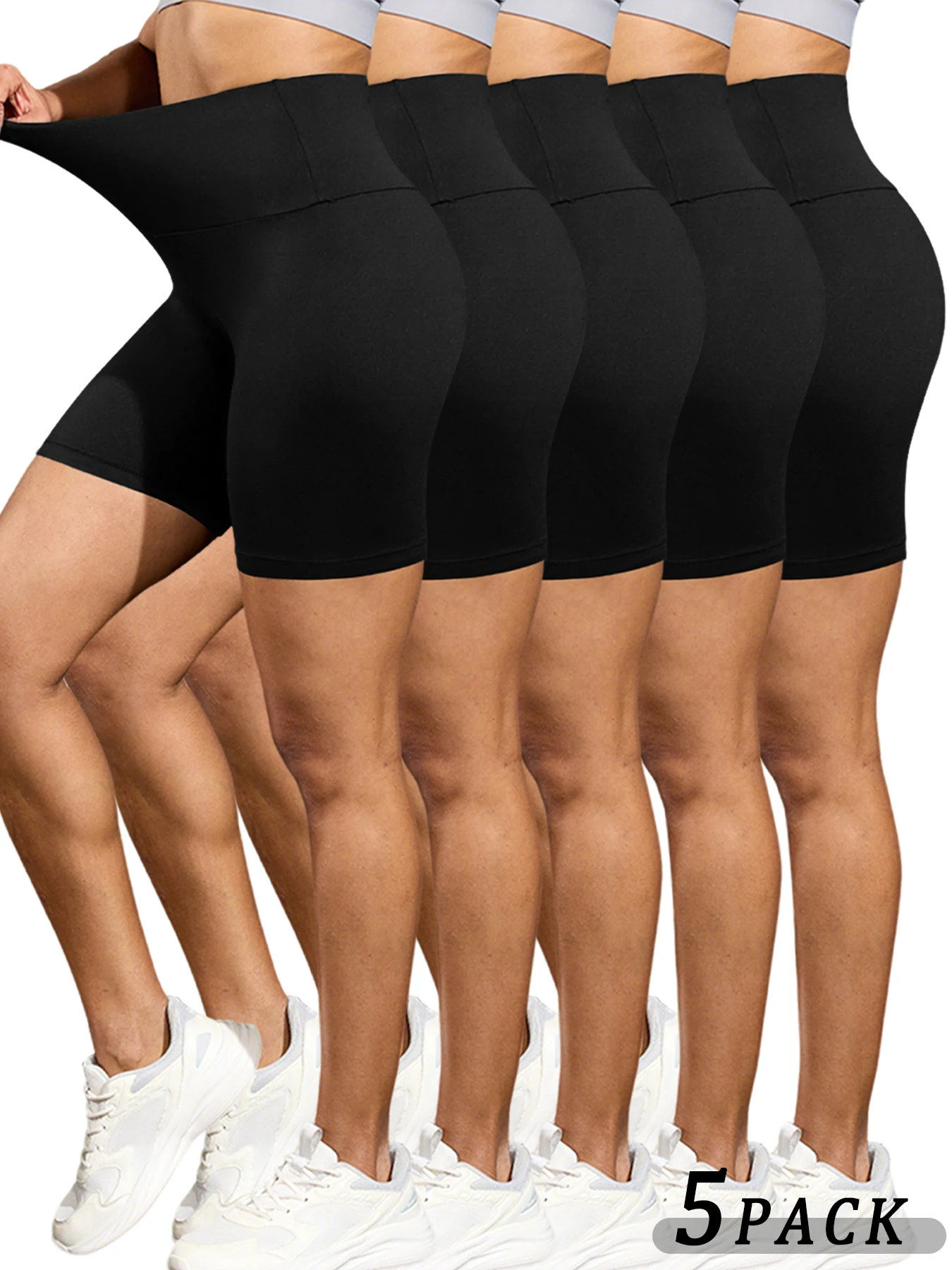 Plus Size 5 Pack Shorts de motociclista para mulheres, cintura alta super macio treino yoga shorts atléticos corrida