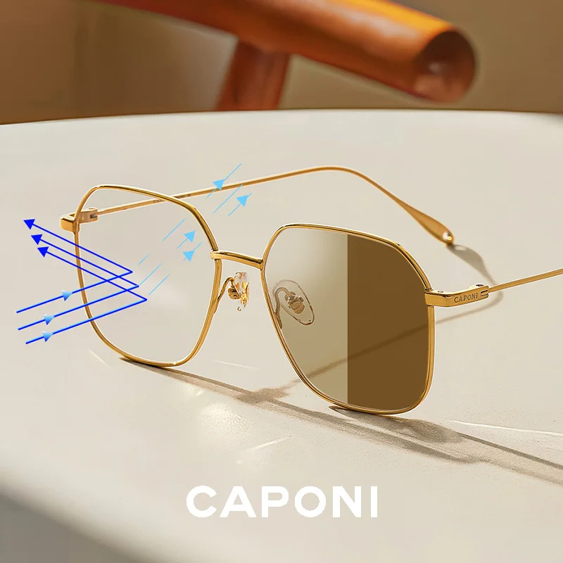 CAPONI Photochromic Brown Glasses Blue Light Blocking Titanium Alloy Frame Glasses For Women Change Color Eyeglasses BF10320