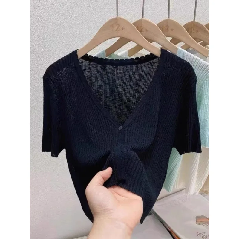 Ice Silk Knitted Short Sleeve Open Cardigan Women's Thin Outerwear Shawl Sun Protection Coat Short Jacket Top with Sling Dress