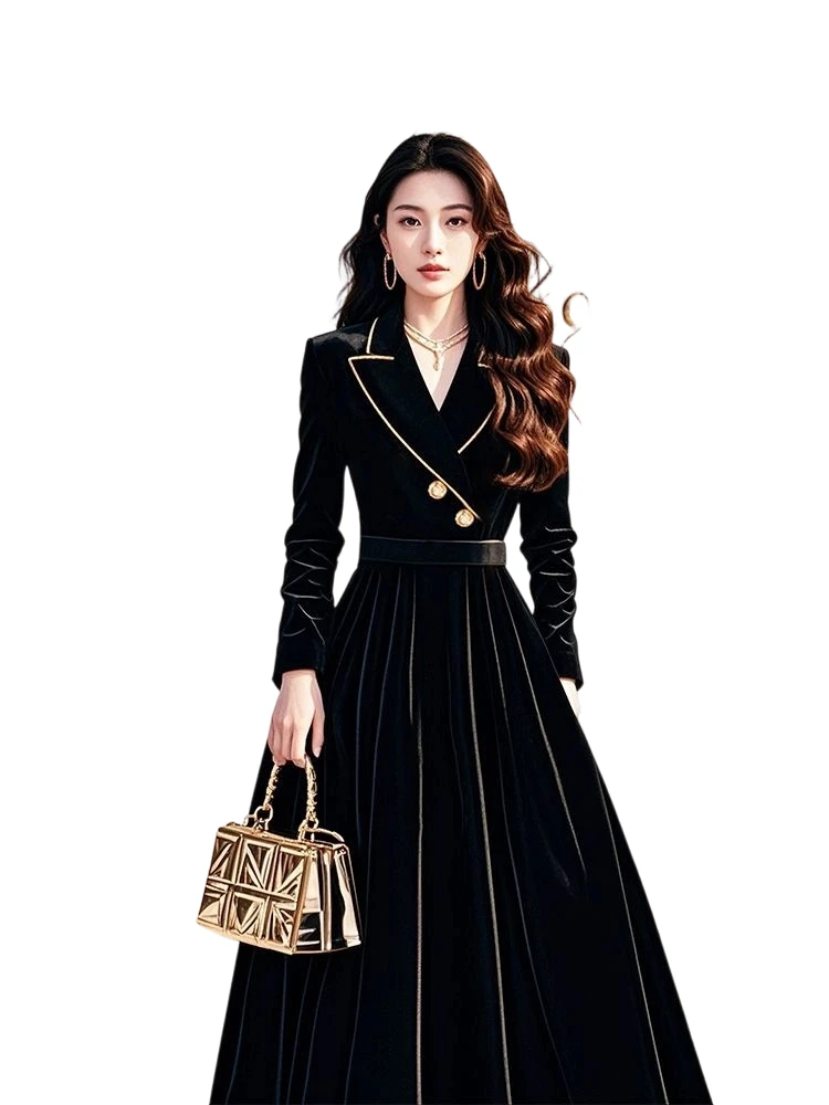 Abito blazer in velluto nero Abito longuette classico ed elegante da donna 2025 Abito da sera formale a maniche lunghe con vita aderente