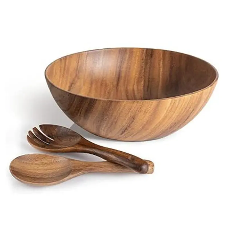 Acacia Wooden Salad Bowls Large Serving Wood Salad Bowl Solid Hardwood Salad Mixing Bowl Spoon Forks  For Fruits Vegetables