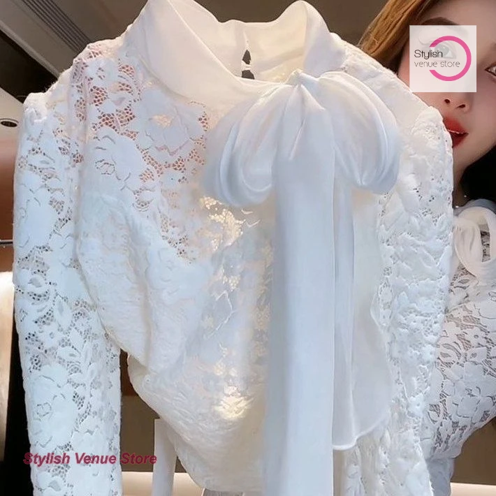 French socialite temperament sweet bow tie long sleeve lace shirt women's spring and autumn new gentle wind casual top.