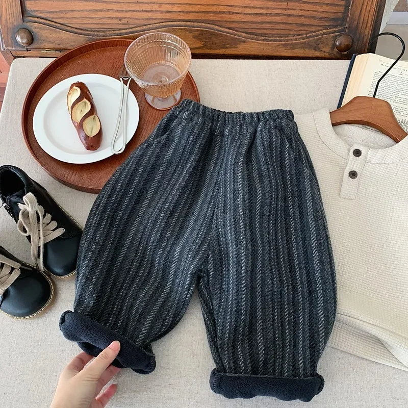 Childrens Clothing 2024 Boys Casual Pants with Thickened Autumn  Winter Stripes Fashionable and Loose Pants