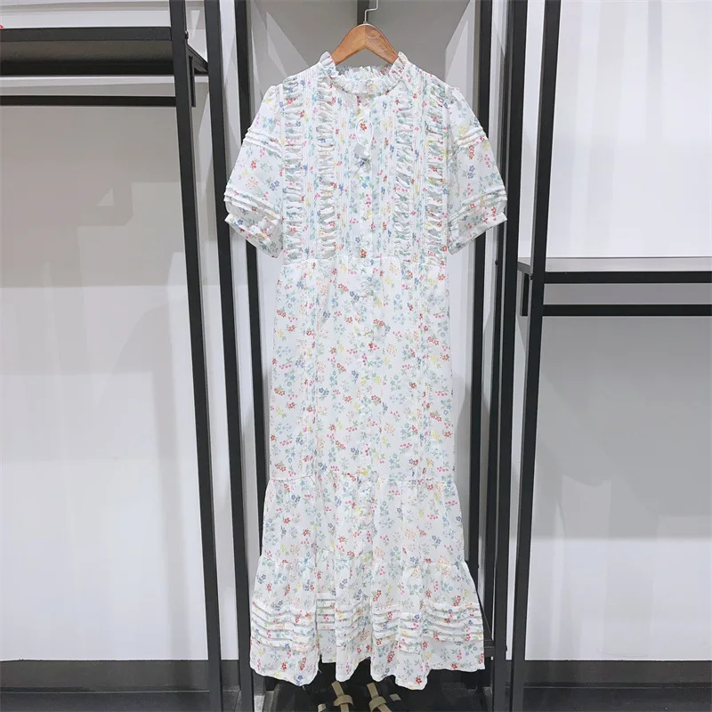 

Women's Long Dress Fold O-neck Single Breasted Bohemian New Summer Ladies Short Sleeve Floral Robe