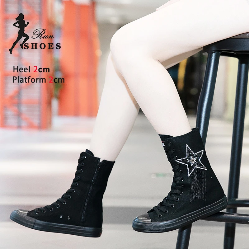 Black Canvas Shoes For Women Casual Short Boots 2024 New Ladies Outdoors Sports Sneakers Zipper Lace Up Spring Autumn Woman Flat